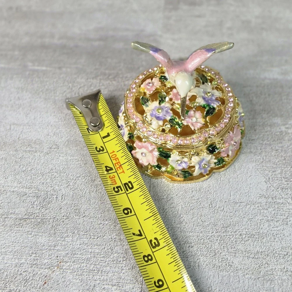 Enameled Trinket Box Hummingbird Floral Rhinestone Gold Tone Jewelry Keepsake